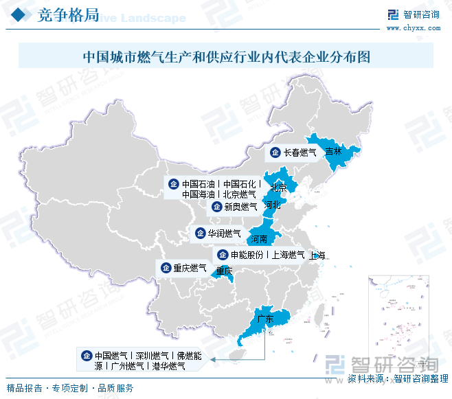 中國城市燃?xì)馍a(chǎn)和供應(yīng)行業(yè)內(nèi)代表企業(yè)分布圖