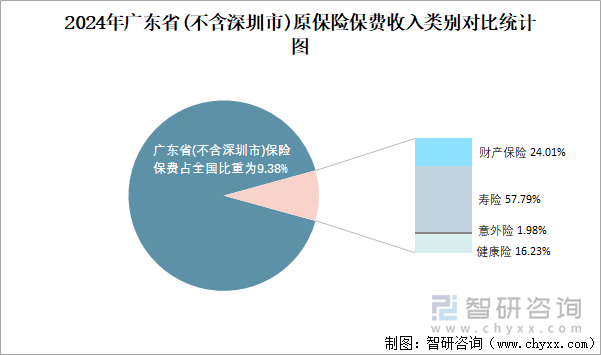 2024年廣東省(不含深圳市)原保險(xiǎn)保費(fèi)收入類別對(duì)比統(tǒng)計(jì)圖