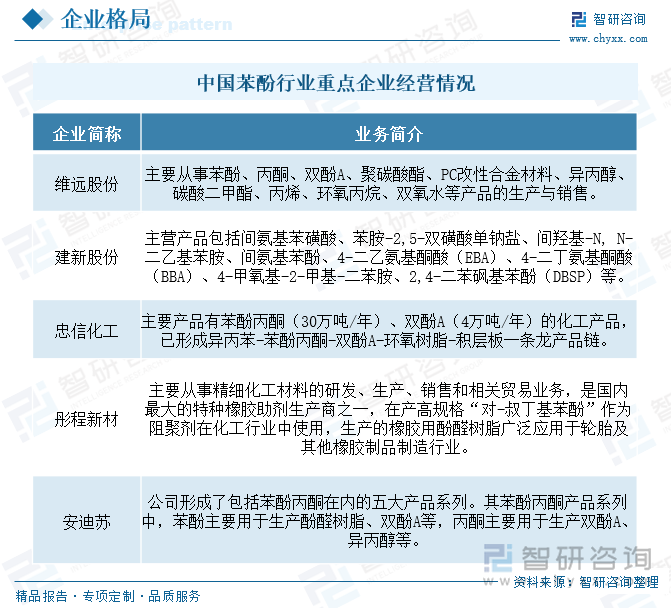 中国苯酚行业重点企业经营情况