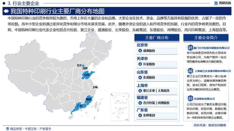 中國特種印刷行業(yè)的競(jìng)爭格局較為激烈，市場(chǎng)上存在大量的企業(yè)和品牌。大型企業(yè)在技術(shù)、資金、品牌等方面具有較強(qiáng)的優(yōu)勢(shì)，占據(jù)了一定的市場(chǎng)份額。而中小型企業(yè)則通過差異化競(jìng)爭和細(xì)分市場(chǎng)來謀求發(fā)展。此外，隨著外資企業(yè)的進(jìn)入和市場(chǎng)競(jìng)爭的加劇，行業(yè)內(nèi)的競(jìng)爭將更加激烈。目前，中國特種印刷行業(yè)代表企業(yè)包括合興包裝、紫江企業(yè)、盛通股份、長榮股份、東峰集團(tuán)、東港股份、鴻博股份、鴻興印刷集團(tuán)、上海易連等。