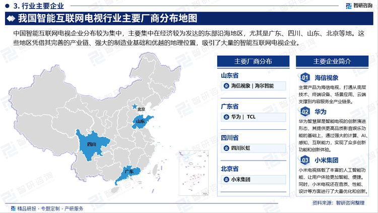 中国智能互联网电视企业分布较为集中，主要集中在经济较为发达的东部沿海地区，尤其是广东、四川、山东、北京等地。这些地区凭借其完善的产业链、强大的制造业基础和优越的地理位置，吸引了大量的智能互联网电视企业。
