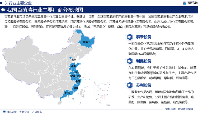 百菌清行业市场竞争呈现高度集中化与寡头主导特征。据统计，目前，全球百菌清原药产能主要集中在中国，我国百菌清主要生产企业有浙江利民控股股份有限公司、泰禾股份子公司江苏新河、江阴苏利化学股份有限公司、江苏维尤纳特精细化工有限公司、山东大成生物化工有限公司等。其中，以利民股份、苏利股份、江苏新河等龙头企业为核心，形成“三足鼎立”格局，CR2（利民与苏利）市场份额合计超80%。整体来说，当面全球百菌清市场竞争格局基本稳定，少数拥有百菌清供给能力的企业具备市场价格调控能力。