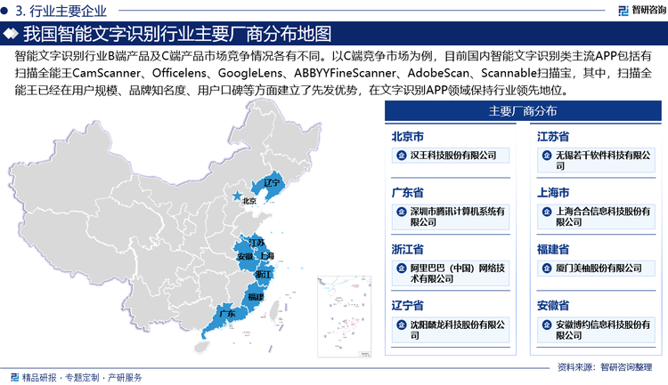 从B端看，我国智能文字识别B端市场竞争参与者主要分为谷歌、百度、腾讯、阿里等综合型AI厂商和合合信息、ABBYY等非综合型AI厂商。其中，综合型AI厂商旗下云平台提供的B端服务范围广泛且多元，包含云服务器、云存储、云数据库、人脸识别、语音识别、视频分发加速等相关产品，智能文字识别仅为其中一种产品。大多数综合型AI厂商切入OCR领域的主要原因均是，基于其成熟的公有云PaaS平台提供基础化、标准化的OCR识别服务的边际成本较低，拓展OCR业务的主要目的是进一步提升其云平台服务的丰富度。但拓展场景化的解决方案市场需大量人力、研发投入配合客户的个性化需求，项目周期也较长，边际成本较高。而非综合型AI厂商核心业务即为智能文字识别，但其在智能文字识别业务投入的人员与资金较为有限。总的来说，非综合型AI厂商和综合型AI厂商有着各自不同的侧重领域，形成B端差异化市场竞争格局。