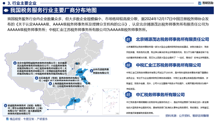 我国税务服务行业内企业数量众多，但大多数企业规模偏小，市场格局较高度分散，据2024年12月17日中国注册税务师协会发布的《关于认定AAAAA级、AAAA级税务师事务所及授牌分支机构的公示》，认定北京镈源茂达税务师事务所有限责任公司为AAAAA级税务师事务所；中税汇金江苏税务师事务所有限公司为AAAA级税务师事务所；尤尼泰鼎邦（常州）税务师事务所有限公司、容诚税务师事务所（深圳）有限公司、立信税务师事务所（云南）有限公司、普华永道税务师事务所（上海）有限公司广州分所、北京中税网恒诚税务师事务所有限公司、中瑞（天津）税务师事务所有限公司和中瑞岳华骏成税务师事务所（海南）有限公司七家AAAAA级授牌分支机构，上述税务师事务所通过多年的发展，在国内市场积累了丰富的客户资源和行业经验，具备较强的竞争力。