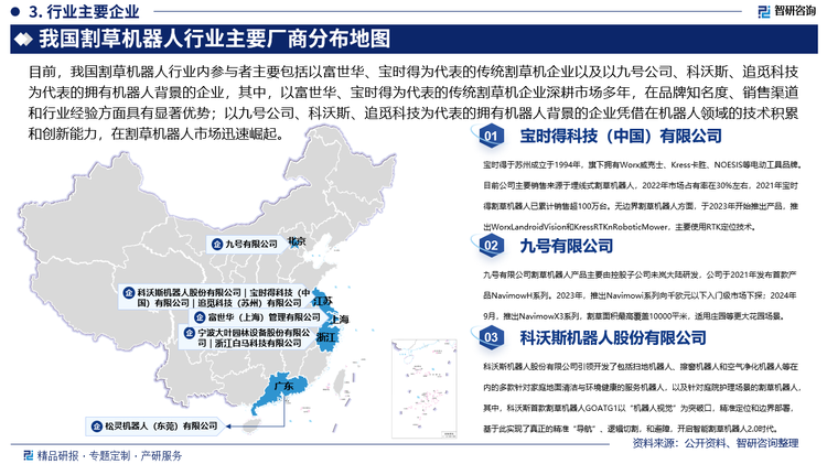 目前，我国割草机器人行业内参与者主要包括以富世华、宝时得为代表的传统割草机企业以及以九号公司、科沃斯、追觅科技为代表的拥有机器人背景的企业，其中，以富世华、宝时得为代表的传统割草机企业深耕市场多年，在品牌知名度、销售渠道和行业经验方面具有显著优势；以九号公司、科沃斯、追觅科技为代表的拥有机器人背景的企业凭借在机器人领域的技术积累和创新能力，在割草机器人市场迅速崛起。