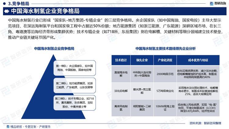 中国海水制氢行业已形成“国家队-地方集团-专精企业”的三层竞争格局。央企国家队（如中国海油、国家电投）主导大型示范项目，在深远海制氢平台和国家级工程中占据近50%份额；地方能源集团（如浙江能源、广东能源）深耕区域市场，在长三角、粤港澳等沿海经济带形成集群优势；技术专精企业（如718所、东岳集团）则在电解槽、关键材料等细分领域建立技术壁垒，推动产业链关键环节国产化。