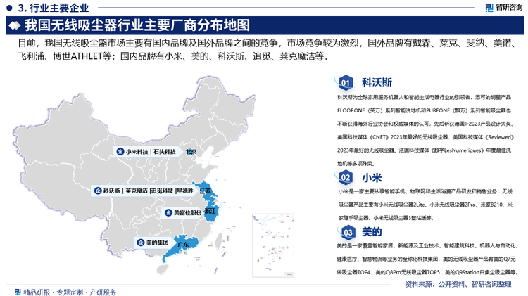 目前，我国无线吸尘器市场主要有国内品牌及国外品牌之间的竞争，市场竞争较为激烈，国外品牌有戴森、莱克、斐纳、美诺、飞利浦、博世ATHLET等；国内品牌有小米、美的、科沃斯、追觅、莱克魔洁等。