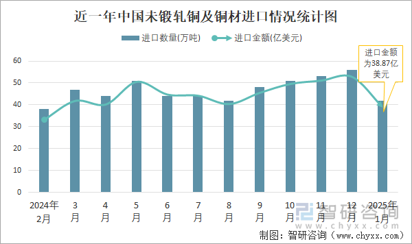 近一年中國未鍛軋銅及銅材進(jìn)口情況統(tǒng)計(jì)圖