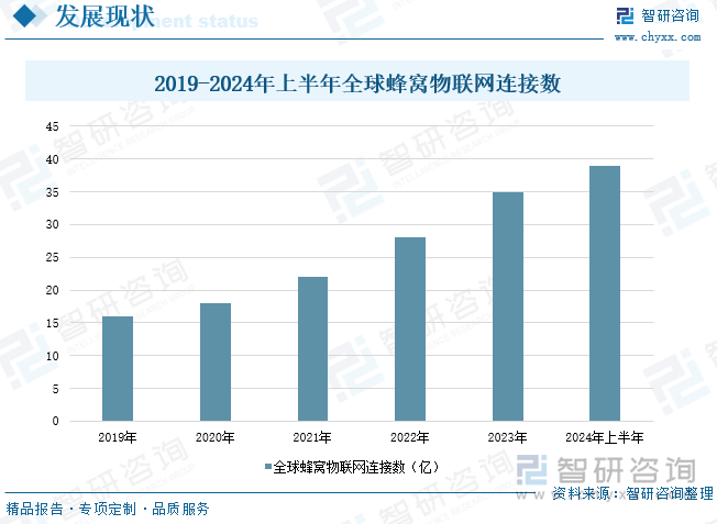 2019-2024年上半年全球蜂窩物聯(lián)網(wǎng)連接數(shù)
