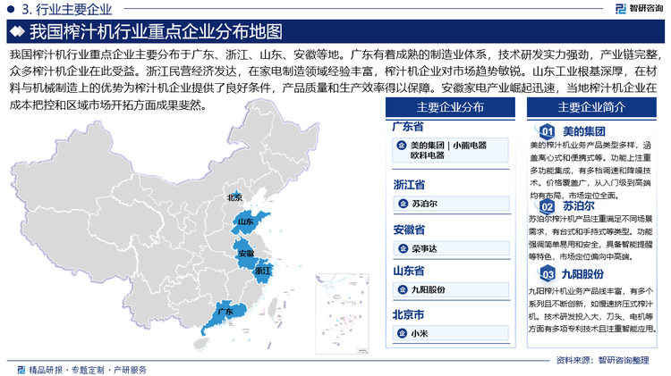 我國榨汁機行業(yè)重點企業(yè)主要分布于廣東、浙江、山東、安徽等地。廣東有著成熟的制造業(yè)體系，技術研發(fā)實力強勁，產業(yè)鏈完整，眾多榨汁機企業(yè)在此受益。浙江民營經濟發(fā)達，在家電制造領域經驗豐富，榨汁機企業(yè)對市場趨勢敏銳。山東工業(yè)根基深厚，在材料與機械制造上的優(yōu)勢為榨汁機企業(yè)提供了良好條件，產品質量和生產效率得以保障。安徽家電產業(yè)崛起迅速，當?shù)卣ブ瓩C企業(yè)在成本把控和區(qū)域市場開拓方面成果斐然。