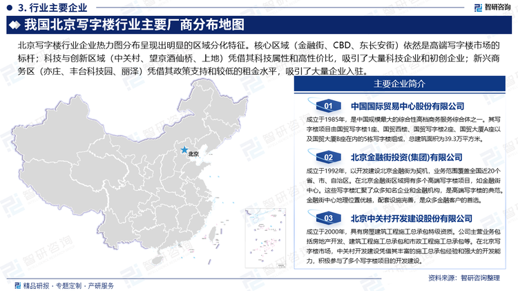 北京寫字樓行業(yè)企業(yè)熱力圖分布呈現(xiàn)出明顯的區(qū)域分化特征。核心區(qū)域（金融街、CBD、東長安街）依然是高端寫字樓市場的標(biāo)桿；科技與創(chuàng)新區(qū)域（中關(guān)村、望京酒仙橋、上地）憑借其科技屬性和高性價比，吸引了大量科技企業(yè)和初創(chuàng)企業(yè)；新興商務(wù)區(qū)（亦莊、豐臺科技園、麗澤）憑借其政策支持和較低的租金水平，吸引了大量企業(yè)入駐。