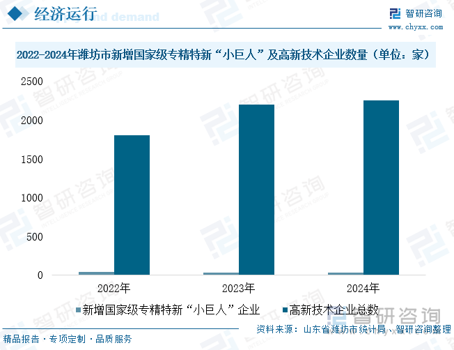 2022-2024年濰坊市新增國家級(jí)專精特新“小巨人”及高新技術(shù)企業(yè)數(shù)量（單位：家）