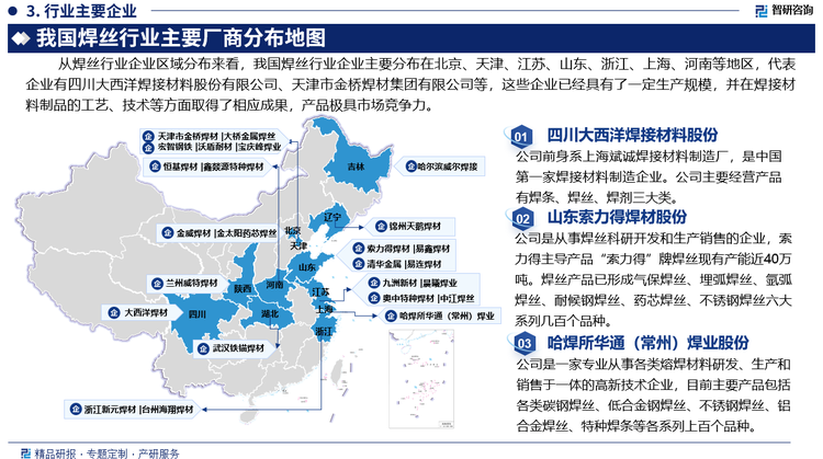 從焊絲行業(yè)企業(yè)區(qū)域分布來(lái)看，我國(guó)焊絲行業(yè)企業(yè)主要分布在北京、天津、江蘇、山東、浙江、上海、河南等地區(qū)，代表企業(yè)有四川大西洋焊接材料股份有限公司、天津市金橋焊材集團(tuán)有限公司等，這些企業(yè)已經(jīng)具有了一定生產(chǎn)規(guī)模，并在焊接材料制品的工藝、技術(shù)等方面取得了相應(yīng)成果，產(chǎn)品極具市場(chǎng)競(jìng)爭(zhēng)力。