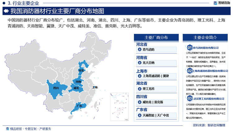 中国消防器材行业厂商分布较广，包括湖北、河南、湖北、四川、上海、广东等省市，主要企业为青岛消防、理工光科、上海青浦消防、天雨智能、翼捷、天广中茂、威特龙、准信、雷克斯、光大百纳等。