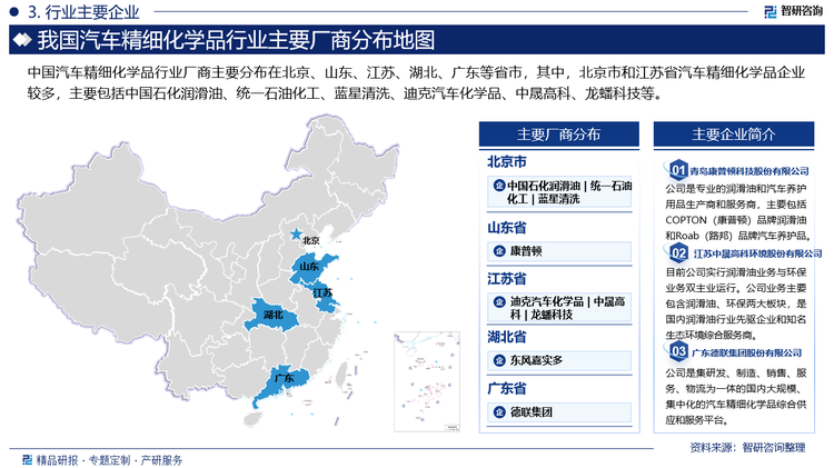 中國汽車精細化學品行業(yè)廠商主要分布在北京、山東、江蘇、湖北、廣東等省市，其中，北京市和江蘇省汽車精細化學品企業(yè)較多，主要包括中國石化潤滑油、統(tǒng)一石油化工、藍星清洗、迪克汽車化學品、中晟高科、龍蟠科技等。