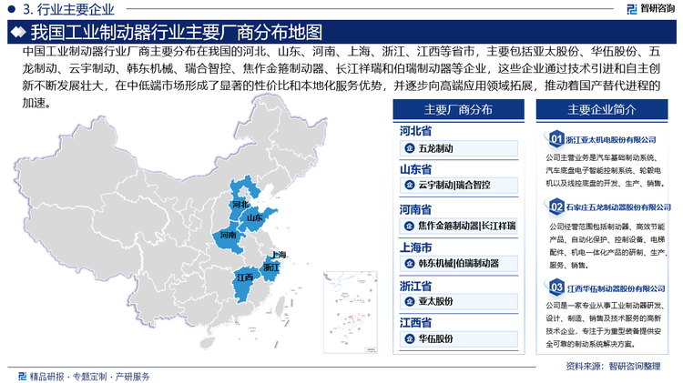 中國(guó)工業(yè)制動(dòng)器行業(yè)廠商主要分布在我國(guó)的河北、山東、河南、上海、浙江、江西等省市，主要包括亞太股份、華伍股份、五龍制動(dòng)、云宇制動(dòng)、韓東機(jī)械、瑞合智控、焦作金箍制動(dòng)器、長(zhǎng)江祥瑞和伯瑞制動(dòng)器等企業(yè)，這些企業(yè)通過(guò)技術(shù)引進(jìn)和自主創(chuàng)新不斷發(fā)展壯大，在中低端市場(chǎng)形成了顯著的性價(jià)比和本地化服務(wù)優(yōu)勢(shì)，并逐步向高端應(yīng)用領(lǐng)域拓展，推動(dòng)著國(guó)產(chǎn)替代進(jìn)程的加速。
