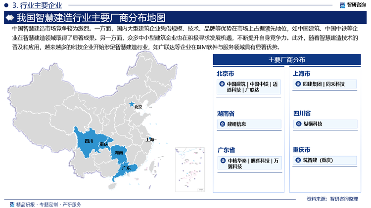 中國(guó)智慧建造市場(chǎng)競(jìng)爭(zhēng)較為激烈。一方面，國(guó)內(nèi)大型建筑企業(yè)憑借規(guī)模、技術(shù)、品牌等優(yōu)勢(shì)在市場(chǎng)上占據(jù)領(lǐng)先地位，如中國(guó)建筑、中國(guó)中鐵等企業(yè)在智慧建造領(lǐng)域取得了顯著成果。另一方面，眾多中小型建筑企業(yè)也在積極尋求發(fā)展機(jī)遇，不斷提升自身競(jìng)爭(zhēng)力。此外，隨著智慧建造技術(shù)的普及和應(yīng)用，越來越多的科技企業(yè)開始涉足智慧建造行業(yè)，如廣聯(lián)達(dá)等企業(yè)在BIM軟件與服務(wù)領(lǐng)域具有顯著優(yōu)勢(shì)。