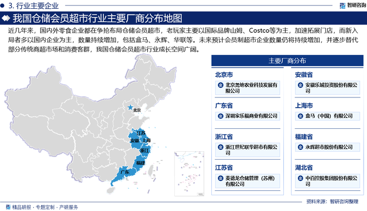 近幾年來，國內(nèi)外零食企業(yè)都在爭搶布局倉儲會員超市，老玩家主要以國際品牌山姆、Costco等為主，加速拓展門店，而新入局者多以國內(nèi)企業(yè)為主，數(shù)量持續(xù)增加，包括盒馬、永輝、華聯(lián)等。未來預(yù)計(jì)會員制超市企業(yè)數(shù)量仍將持續(xù)增加，并逐步替代部分傳統(tǒng)商超市場和消費(fèi)客群，我國倉儲會員超市行業(yè)成長空間廣闊。