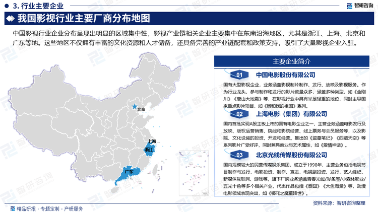 中國(guó)影視行業(yè)企業(yè)分布呈現(xiàn)出明顯的區(qū)域集中性，影視產(chǎn)業(yè)鏈相關(guān)企業(yè)主要集中在東南沿海地區(qū)，尤其是浙江、上海、北京和廣東等地。這些地區(qū)不僅擁有豐富的文化資源和人才儲(chǔ)備，還具備完善的產(chǎn)業(yè)鏈配套和政策支持，吸引了大量影視企業(yè)入駐。