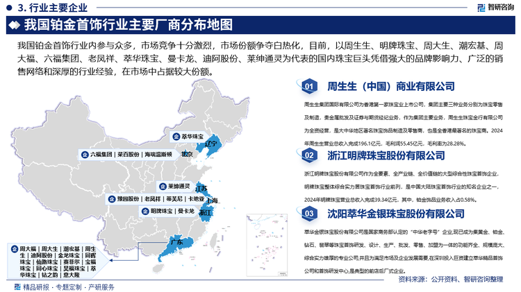 我国铂金首饰行业内参与众多，市场竞争十分激烈，市场份额争夺白热化，目前，以周生生、明牌珠宝、周大生、潮宏基、周大福、六福集团、老凤祥、萃华珠宝、曼卡龙、迪阿股份、莱绅通灵为代表的国内珠宝巨头凭借强大的品牌影响力、广泛的销售网络和深厚的行业经验，在市场中占据较大份额，此外，以蒂芙尼、卡地亚为代表的国际知名品牌也加大了在中国市场的投入力度，通过开设旗舰店、推出限量版产品等方式吸引大量高端消费者，也使得我国铂金首饰市场竞争进一步加剧。