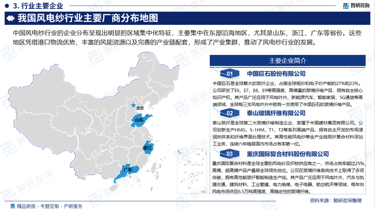中國風(fēng)電紗行業(yè)的企業(yè)分布呈現(xiàn)出明顯的區(qū)域集中化特征，主要集中在東部沿海地區(qū)，尤其是山東、浙江、廣東等省份。這些地區(qū)憑借港口物流優(yōu)勢、豐富的風(fēng)能資源以及完善的產(chǎn)業(yè)鏈配套，形成了產(chǎn)業(yè)集群，推動(dòng)了風(fēng)電紗行業(yè)的發(fā)展。