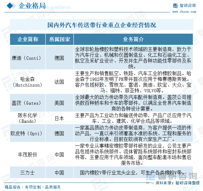 國內(nèi)外汽車傳送帶行業(yè)重點企業(yè)經(jīng)營情況