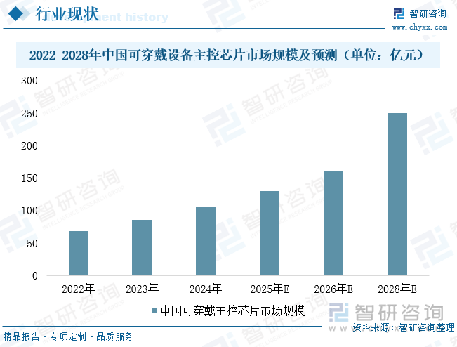 2022-2028年中國(guó)可穿戴設(shè)備主控芯片市場(chǎng)規(guī)模及預(yù)測(cè)（單位：億元）