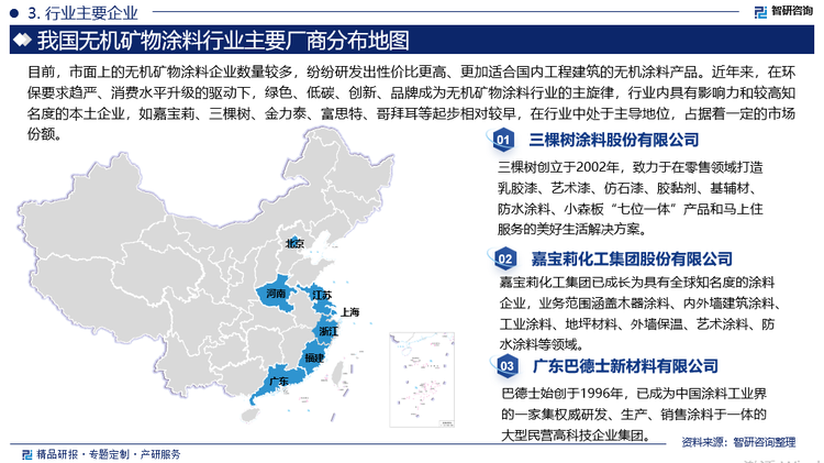 從涂料全球地區分布來看，亞太、歐洲和北美是全球涂料行業發展的領先地區，目前全球涂料前十大企業均為該三個地區的企業，其中，中國是全球最大的涂料市場。海外領先地區的成熟涂料市場目前以穩定的存量需求為主，中國目前仍處于存量需求漸顯的階段。目前，市面上的無機礦物涂料企業數量較多，紛紛研發出性價比更高、更加適合國內工程建筑的無機涂料產品。近年來，在環保要求趨嚴、消費水平升級的驅動下，綠色、低碳、創新、品牌成為無機礦物涂料行業的主旋律，行業內具有影響力和較高知名度的本土企業，如嘉寶莉、三棵樹、金力泰、富思特、哥拜耳等起步相對較早，在行業中處于主導地位，占據著一定的市場份額。
