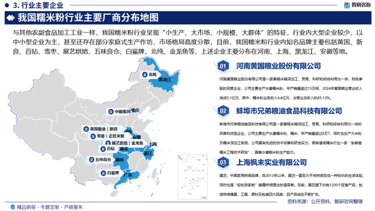 與其他農(nóng)副食品加工工業(yè)一樣，我國(guó)糯米粉行業(yè)呈現(xiàn)“小生產(chǎn)、大市場(chǎng)、小規(guī)模、大群體”的特征，行業(yè)內(nèi)大型企業(yè)較少，以中小型企業(yè)為主，甚至還存在部分家庭式生產(chǎn)作坊，市場(chǎng)格局高度分散，目前，我國(guó)糯米粉行業(yè)內(nèi)知名品牌主要包括黃國(guó)、新良、百鉆、雪棗、展藝烘焙、五味良倉(cāng)、白鯊牌、北純、金龍魚等，上述企業(yè)主要分布在河南、上海、黑龍江、安徽等地。