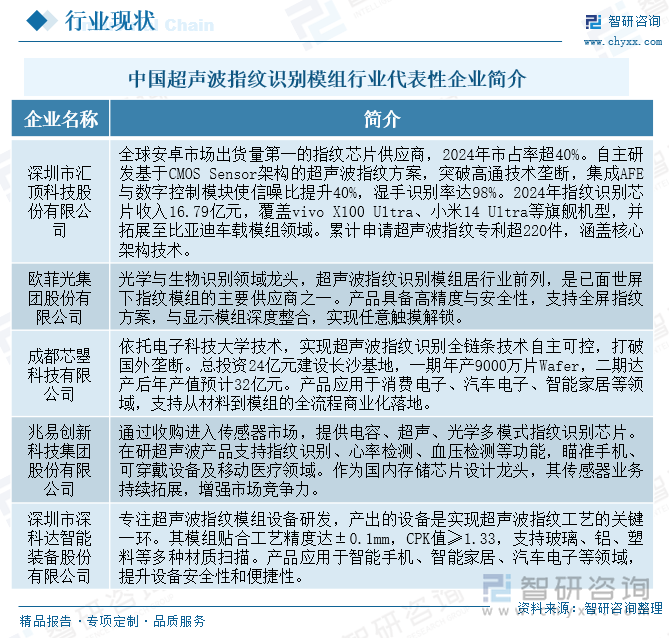 中國超聲波指紋識別模組行業(yè)代表性企業(yè)簡介