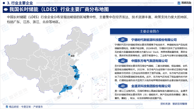 中國長時儲能（LDES）行業(yè)企業(yè)分布呈現(xiàn)出明顯的區(qū)域集中性，主要集中在經(jīng)濟(jì)發(fā)達(dá)、技術(shù)資源豐富、政策支持力度大的地區(qū)，包括廣東、江蘇、浙江、北京等地區(qū)。