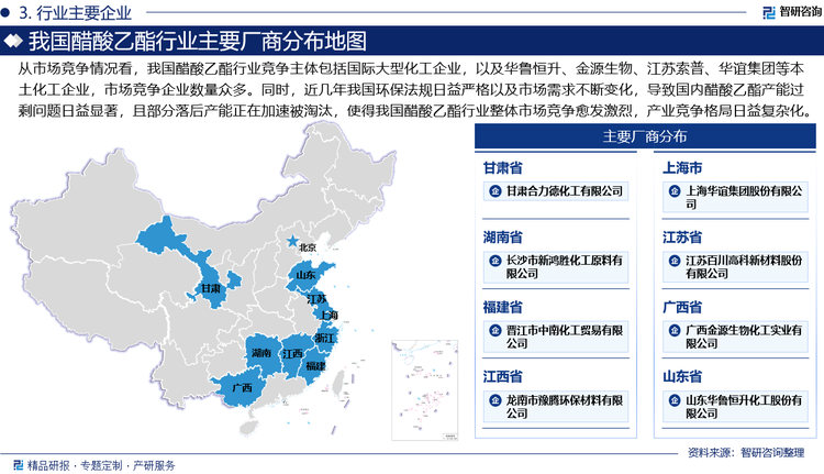 從市場競爭情況看，我國醋酸乙酯行業競爭主體包括國際大型化工企業，以及華魯恒升、金源生物、江蘇索普、華誼集團等本土化工企業，市場競爭企業數量眾多。同時，近幾年我國環保法規日益嚴格以及市場需求不斷變化，導致國內醋酸乙酯產能過剩問題日益顯著，且部分落后產能正在加速被淘汰，使得我國醋酸乙酯行業整體市場競爭愈發激烈，產業競爭格局日益復雜化。