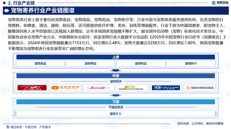 宠物寄养行业上游主要包括宠物食品、宠物用品、宠物药品、宠物医疗等；行业中游为宠物寄养服务提供机构，负责宠物的日常照料，如喂食、清洁、遛狗、陪玩等，还可能提供医疗护理、美容、训练等增值服务；行业下游为终端消费者，即宠物主人，随着国民收入水平的提高以及独居人群增加，近年来我国养宠规模不断扩大，据全国伴侣动物（宠物）标准化技术委员会、中国畜牧业协会宠物产业分会、中国兽医协会指导，派读宠物行业大数据平台出品的《2025年中国宠物行业白皮书（消费报告）》数据显示，2024年我国宠物猫数量达7153万只，同比增长2.48%；宠物犬数量达5258万只，同比增长1.60%，我国宠物数量不断增加为宠物寄养行业发展带来广阔的增长空间。
