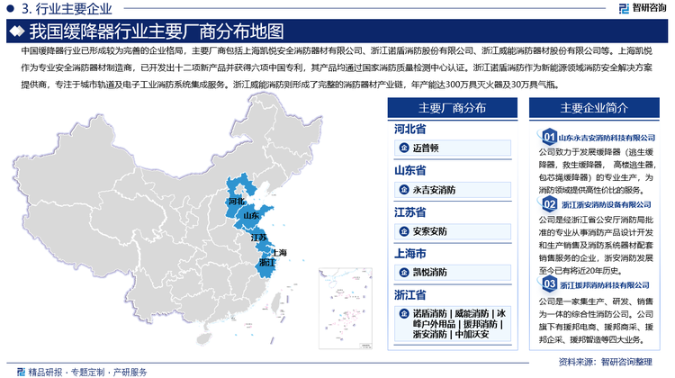 中国缓降器行业已形成较为完善的企业格局，主要厂商包括上海凯悦安全消防器材有限公司、浙江诺盾消防股份有限公司、浙江威能消防器材股份有限公司等。上海凯悦作为专业安全消防器材制造商，已开发出十二项新产品并获得六项中国专利，其产品均通过国家消防质量检测中心认证。浙江诺盾消防作为新能源领域消防安全解决方案提供商，专注于城市轨道及电子工业消防系统集成服务。浙江威能消防则形成了完整的消防器材产业链，年产能达300万具灭火器及30万具气瓶。