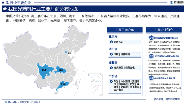 中国光端机行业厂商主要分布在北京、四川、湖北、广东等省市，广东省光端机企业较多，主要包括华为、中兴通讯、光翔通讯 、邦联通信、拓宾、欧林克、光网视 、英飞泰克、天为电信等企业。