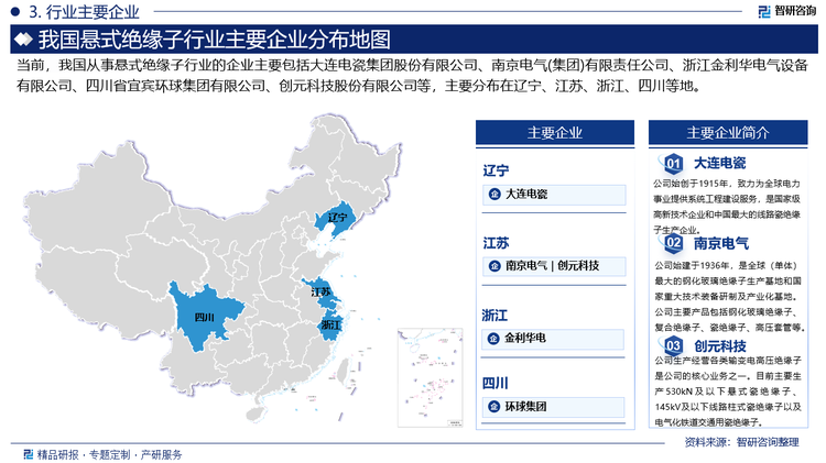 中國懸式絕緣子市場本土企業數量眾多，包括大連電瓷集團股份有限公司、南京電氣(集團)有限責任公司、浙江金利華電氣設備有限公司、四川省宜賓環球集團有限公司、創元科技股份有限公司等。這些企業在不同的細分市場和應用領域各有優勢，產品類型涵蓋瓷質絕緣子、玻璃絕緣子和復合絕緣子等。在中低端產品市場，競爭較為激烈，價格成為重要的競爭因素之一；而在高端產品市場，如特高壓懸式絕緣子領域，少數幾家具有技術優勢和品牌影響力的企業占據主導地位。