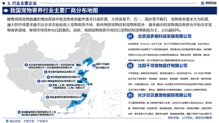 随着我国宠物数量的增加直接导致宠物寄养服务需求日益旺盛，尤其是春节、五一、国庆等节假日，宠物寄养需求尤为旺盛，庞大的市场需求吸引众多资本纷纷进入宠物寄养市场，除传统的宠物店和宠物医院外，越来越多的宠物酒店寄养也开始涉足宠物寄养领域，使得市场竞争也日趋激烈。目前，我国宠物寄养市场仍以宠物店和宠物医院为主，占比超60%。