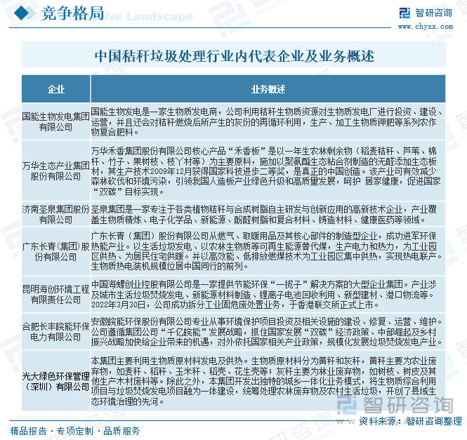 中國秸稈垃圾處理行業內代表企業及業務概述
