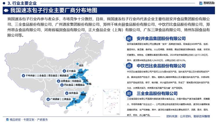 我国速冻包子行业内参与者众多，市场竞争十分激烈，目前，我国速冻包子行业内代表企业主要包括安井食品集团股份有限公司、三全食品股份有限公司、广州酒家集团股份有限公司、郑州千味央厨食品股份有限公司、中饮巴比食品股份有限公司、郑州思念食品有限公司、河南省福润食品有限公司、正大食品企业（上海）有限公司、广东三津食品有限公司、扬州冶春食品生产配送股份有限公司、扬州东园食品有限公司等，其中，上市企业主要包括安井食品、三全食品、广州酒家、千味央厨、巴比食品等，从营收情况来看，2024年安井食品营业总收入完成151.3亿元，瑶瑶领先，其次为三全食品，营业总收入完成66.32亿元，而包子第一股巴比食品营业总收入共计完成16.71亿元。