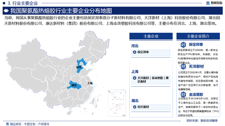 從競(jìng)爭(zhēng)格局來(lái)看，全球聚氨酯熱熔膠市場(chǎng)份額主要由一些大型企業(yè)所占據(jù)，例如，漢高（Henkel）是全球領(lǐng)先的膠粘劑制造商，在聚氨酯熱熔膠領(lǐng)域擁有豐富的產(chǎn)品線和先進(jìn)的技術(shù)，其產(chǎn)品廣泛應(yīng)用于汽車、電子、包裝等多個(gè)行業(yè)。近年來(lái)，中國(guó)的聚氨酯熱熔膠企業(yè)發(fā)展迅速，逐漸在國(guó)內(nèi)市場(chǎng)占據(jù)一席之地，并在國(guó)際市場(chǎng)上嶄露頭角，相關(guān)企業(yè)有保定邦泰高分子新材料有限公司、天洋新材（上海）科技股份有限公司、湖北回天新材料股份有限公司、康達(dá)新材料（集團(tuán)）股份有限公司、上海金湯塑膠科技有限公司等。
