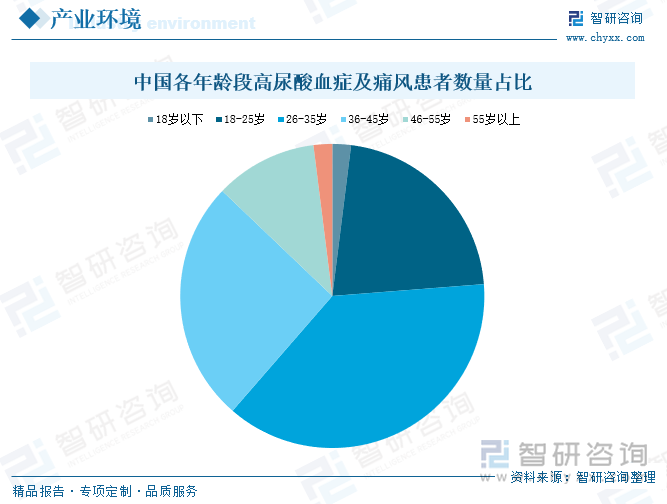 中國各年齡段高尿酸血癥及痛風(fēng)患者數(shù)量占比