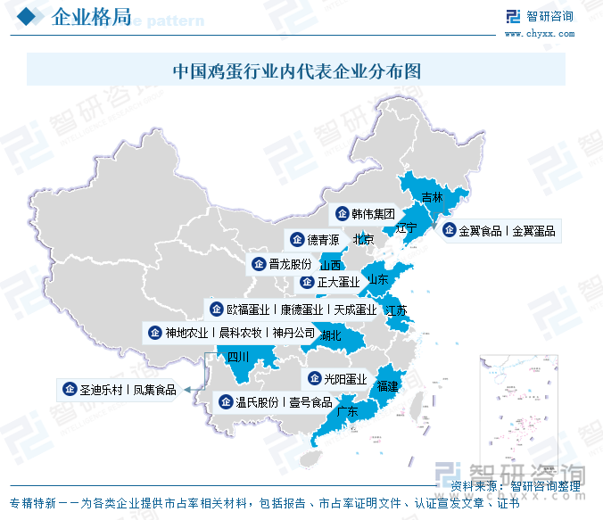 中國雞蛋行業(yè)內(nèi)代表企業(yè)分布圖