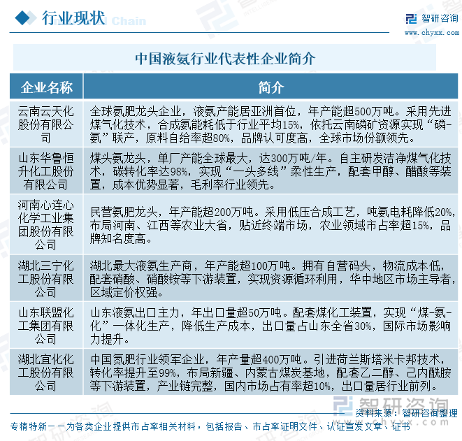 中國液氨行業(yè)代表性企業(yè)簡介