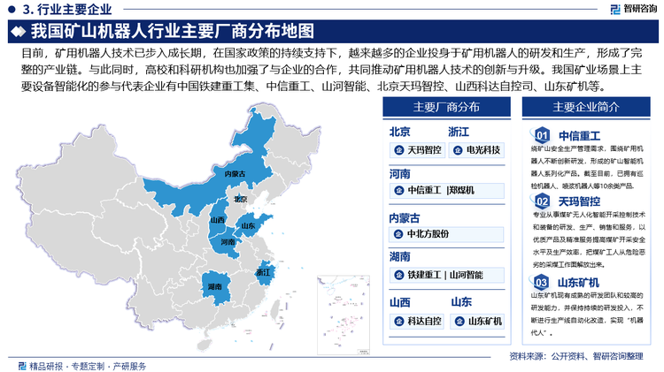 目前，我國礦業(yè)場(chǎng)景上主要設(shè)備智能化的參與代表企業(yè)有中國鐵建重工集團(tuán)股份有限公司、中信重工開誠智能裝備有限公司、山河智能裝備股份有限公司、北京天瑪智控科技股份有限公司、山西科達(dá)自控股份有限公司、山東礦機(jī)集團(tuán)股份有限公司等。