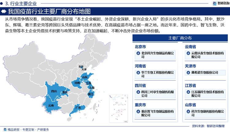 從市場競爭情況看，我國疫苗行業(yè)呈現(xiàn)“本土企業(yè)崛起、外資企業(yè)深耕、新興企業(yè)入局”的多元化市場競爭格局。其中，默沙東、輝瑞、葛蘭素史克等跨國巨頭憑借品牌與技術優(yōu)勢，在高端疫苗市場占據(jù)一席之地。而近年來，國藥中生、智飛生物、沃森生物等本土企業(yè)憑借技術積累與政策支持，正在加速崛起，不斷沖擊外資企業(yè)市場份額。例如，智飛生物通過代理默沙東疫苗產品形成渠道優(yōu)勢，同時自主研發(fā)的23價肺炎球菌多糖疫苗獲WHO預認證，出口量同比增長300%，成為國產疫苗國際化的典范。因此，為應對競爭，越來越多外資企業(yè)開始加速本土化布局，不斷加強與國內科研機構的合作。此外，康希諾生物、萬泰生物等創(chuàng)新型企業(yè)通過差異化競爭，已在mRNA疫苗、重組蛋白疫苗等領域取得突破，得以快速切入疫苗市場。例如，康希諾生物研發(fā)的吸入式新冠疫苗在全球范圍內獲得廣泛關注，為疫苗接種方式帶來了新的可能性。