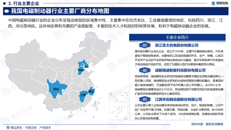 中國電磁制動(dòng)器行業(yè)的企業(yè)分布呈現(xiàn)出明顯的區(qū)域集中性，主要集中在經(jīng)濟(jì)發(fā)達(dá)、工業(yè)基礎(chǔ)雄厚的地區(qū)，包括四川、浙江、江西、河北等地區(qū)。這些地區(qū)擁有完善的產(chǎn)業(yè)鏈配套、豐富的技術(shù)人才和良好的政策環(huán)境，有利于電磁制動(dòng)器企業(yè)的發(fā)展。