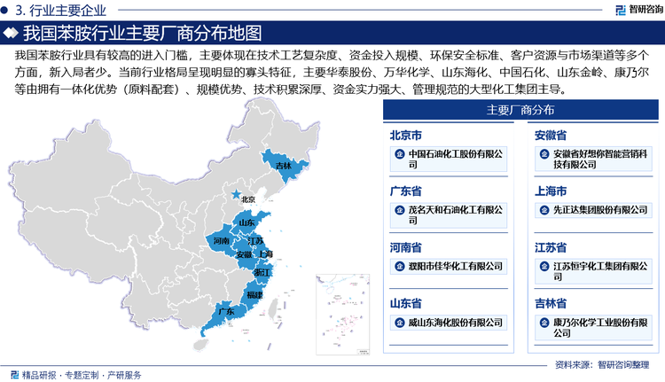 我國(guó)苯胺行業(yè)具有較高的進(jìn)入門檻，主要體現(xiàn)在技術(shù)工藝復(fù)雜度、資金投入規(guī)模、環(huán)保安全標(biāo)準(zhǔn)、客戶資源與市場(chǎng)渠道等多個(gè)方面，新入局者少。當(dāng)前行業(yè)格局呈現(xiàn)明顯的寡頭特征，主要華泰股份、萬華化學(xué)、山東?；⒅袊?guó)石化、山東金嶺、康乃爾等由擁有一體化優(yōu)勢(shì)（原料配套）、規(guī)模優(yōu)勢(shì)、技術(shù)積累深厚、資金實(shí)力強(qiáng)大、管理規(guī)范的大型化工集團(tuán)主導(dǎo)。其中，萬華化學(xué)憑借其完善的產(chǎn)業(yè)鏈布局和領(lǐng)先的生產(chǎn)技術(shù)，已成為國(guó)內(nèi)苯胺行業(yè)領(lǐng)軍企業(yè)，其苯胺產(chǎn)能常年居中國(guó)第一，占全國(guó)產(chǎn)能比重接近50%。