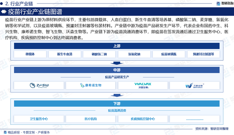 疫苗行業(yè)產業(yè)鏈上游為原材料供應環(huán)節(jié)，主要包括微載體、人血白蛋白、新生牛血清等培養(yǎng)基，磷酸氫二鈉、麥芽糖、氫氧化鈉等化學試劑，以及疫苗玻璃瓶、預灌封注射器等包裝材料。產業(yè)鏈中游為疫苗產品研發(fā)生產環(huán)節(jié)，代表企業(yè)有國藥中生、科興生物、康希諾生物、智飛生物、沃森生物等。產業(yè)鏈下游為疫苗流通消費環(huán)節(jié)，即疫苗在簽發(fā)流通后通過衛(wèi)生服務中心、醫(yī)療機構、疾病預防控制中心到達終端消費者。