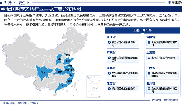 目前我國聚苯乙烯的產業中，外資企業、合資企業仍具備規模優勢，主要系該等企業憑借著技術上的先發優勢，進入行業較早，建立了一定的技術壁壘與品牌壁壘。而隨著聚苯乙烯行業的持續發展，以及下游需求的持續旺盛，部分國有以及民營企業涌入，憑借技術研發、技術引進以及大量資本的投入，內資企業在行業中也逐漸開始占據一席之地。當前，國內聚苯乙烯市場上代表生產企業有鎮江奇美化工有限公司、惠州仁信新材料股份有限公司、星輝環保材料股份有限公司、上海英科實業有限公司、宜賓天原集團股份有限公司等。