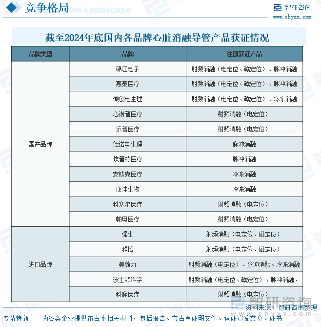 截至2024年底國內(nèi)各品牌心臟消融導(dǎo)管產(chǎn)品獲證情況